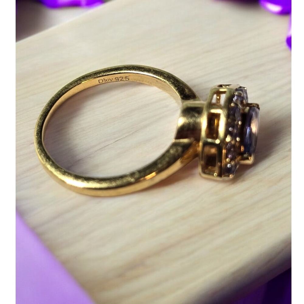 D’Joy 925 Sterling Silver Tanzanite CZ Halo Ring Size 7 Gold Tone